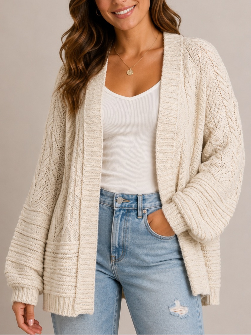 Lucky Brand Wool Blend Open Front Cardigan Oversized Knit Sweater Cream Large
